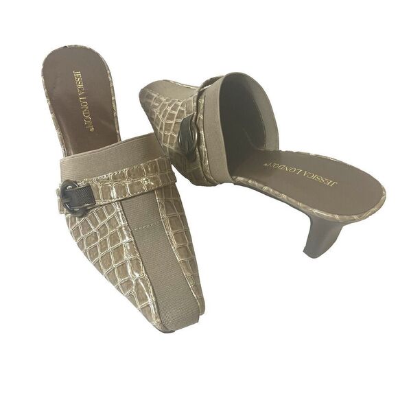 Jessica London Womens Sz 8M Mule Heels Slip On Glossy Beige Studded Faux Leather - Picture 1 of 8